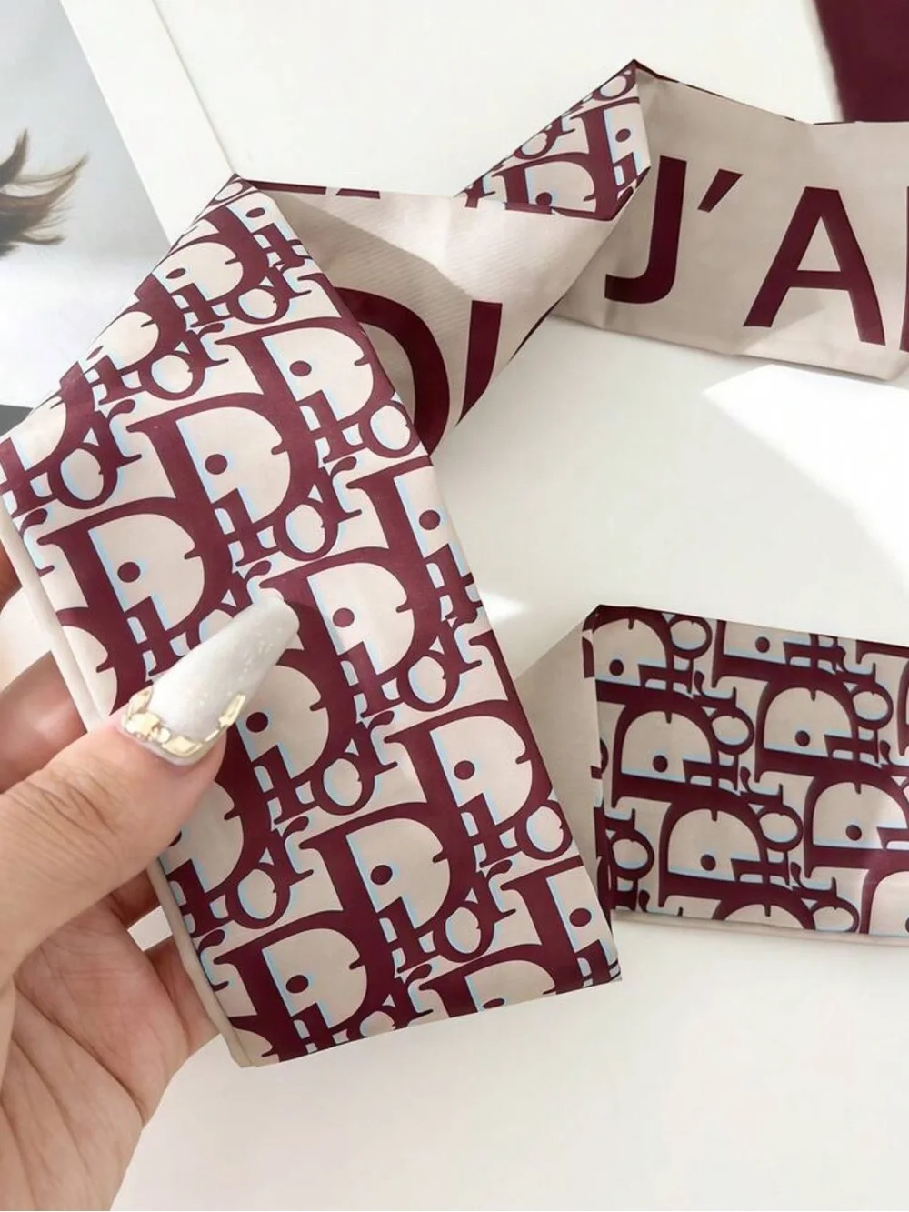 New Silk Logo-Print Neck Scarf in Burgundy and Cream